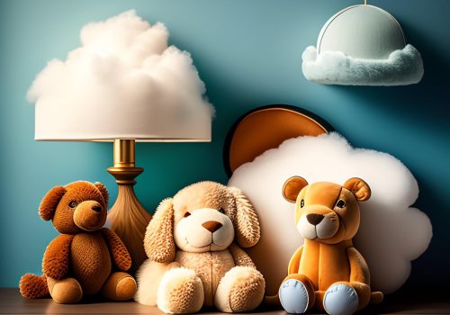 group-stuffed-bears-are-sitting-front-blue-wall